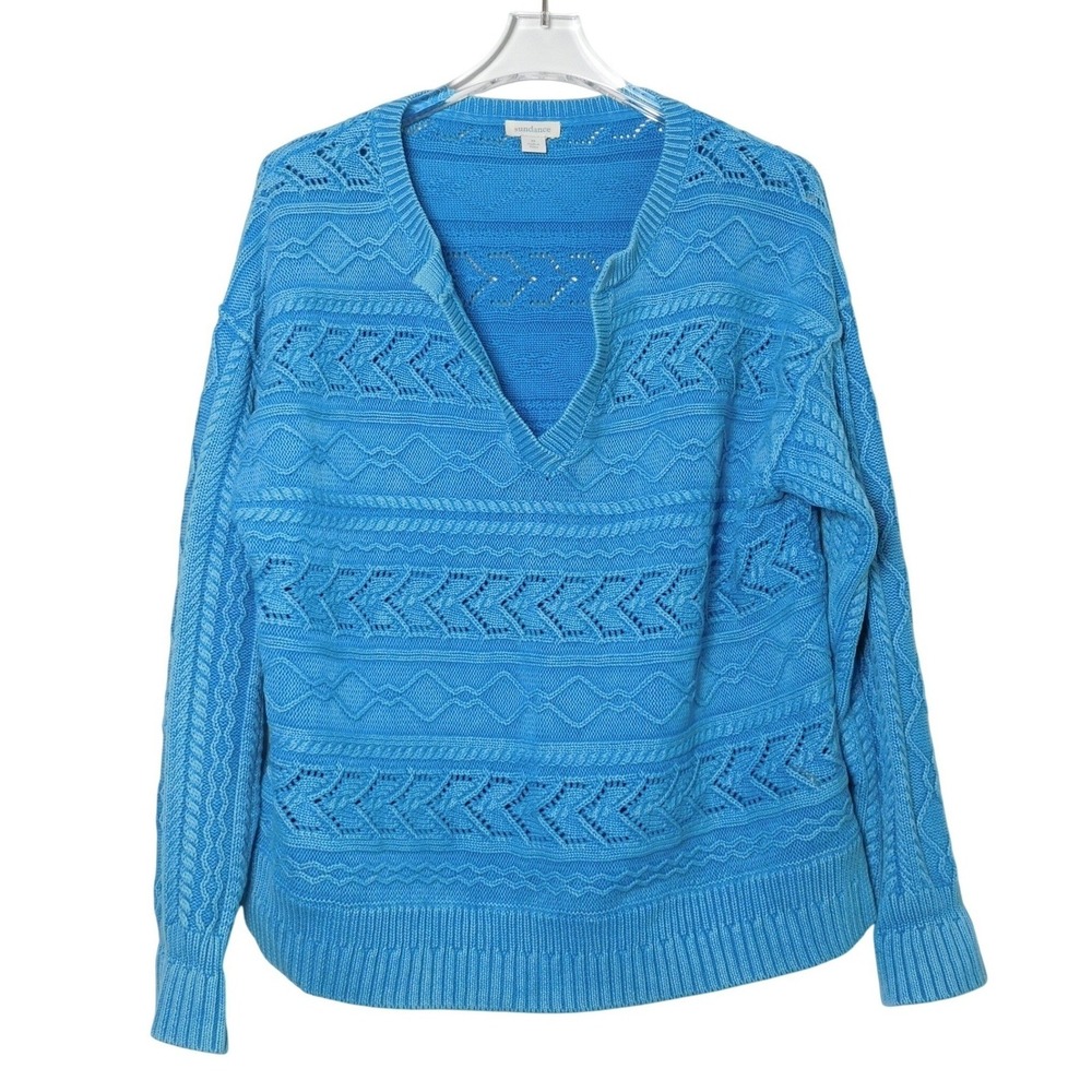 Sundance Rita Easy Cable Knit Sweater Blue Split V-Neck Pointelle Boho Medium